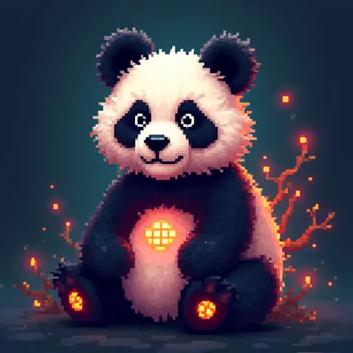 A panda avatar designed in pixel art style, with its fur composed of glowing squares, symbolizing the fusion of nature and technology.