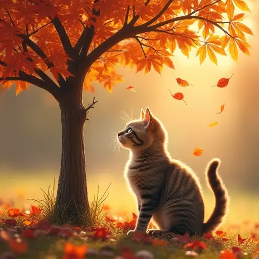 A curious cat sitting near a small tree that is just beginning to lose its leaves, surrounded by golden and red foliage, with the cat’s tail swishing lazily as it watches the leaves fall.