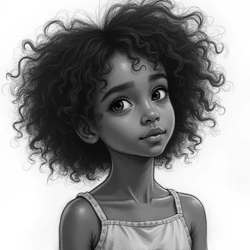 A girl with dark skin and curly hair, drawn in smooth pencil lines with subtle shading.