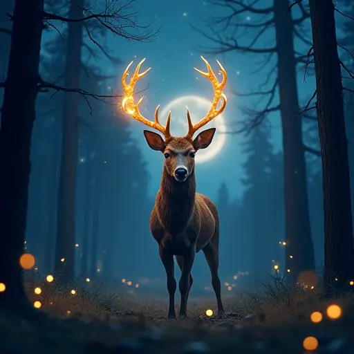 A deer with glowing, starry antlers, standing majestically in a moonlit forest with fireflies dancing around it and the sky full of stars above.