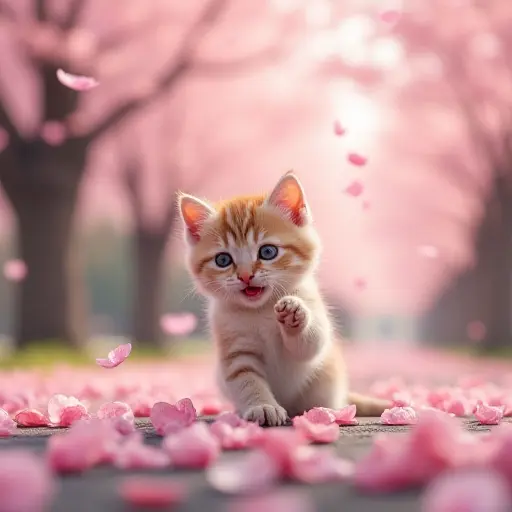 A kitten playing in a park covered in blooming cherry blossoms, with the soft pink petals falling gently around it, creating a peaceful spring scene filled with delicate beauty.