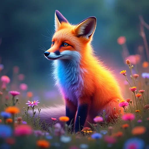 A fox with fur glowing in vibrant rainbow colors, standing in a magical clearing surrounded by colorful flowers.