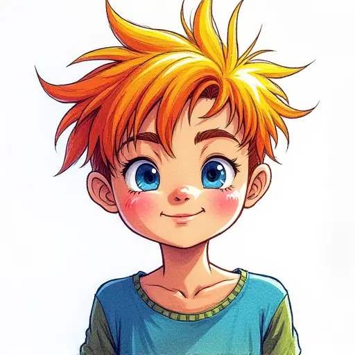 A boy with colorful, spiky hair, sketched in bold pencil strokes with vibrant colors.