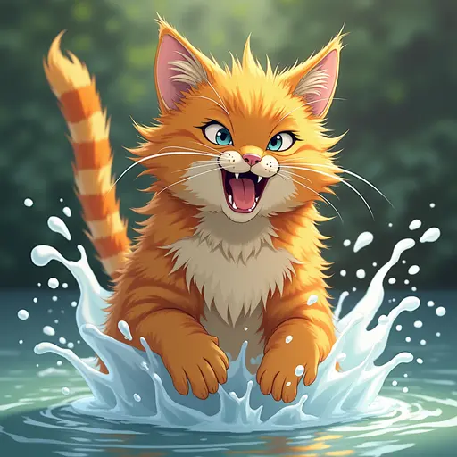 studio ghibli style of A maine coon playfully splashing water with its paws, showing a mischievous expression.