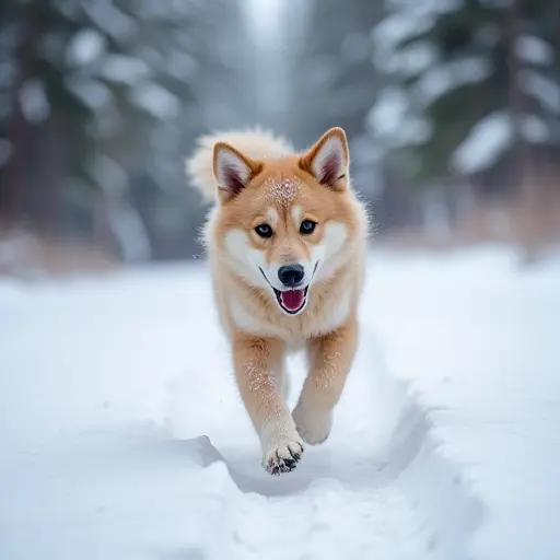 A fluffy dog running joyfully through a snow-covered cedar forest, leaving a trail of pawprints in the pristine white snow.