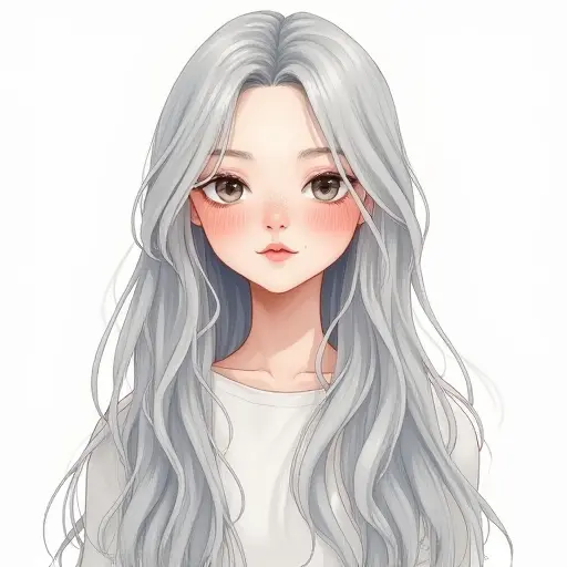 A girl with long silver hair, drawn with clean pencil lines and soft watercolor accents for an ethereal look.