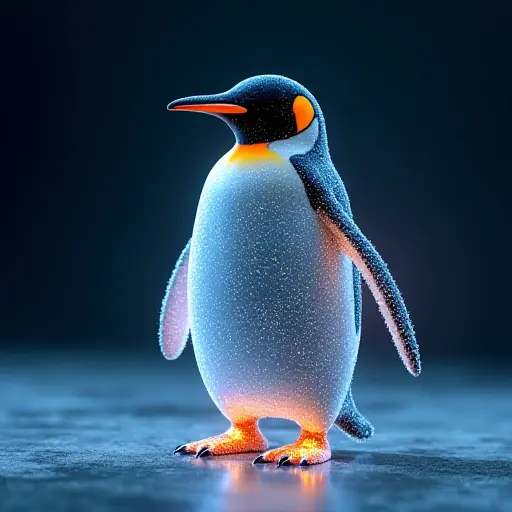 A penguin designed in a virtual world, with its body composed of digital particles and holographic patterns.