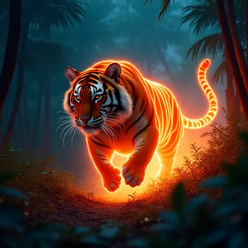 A tiger leaping through a dense jungle at night, with streaks of glowing orange and red light resembling fiery embers trailing from its stripes.