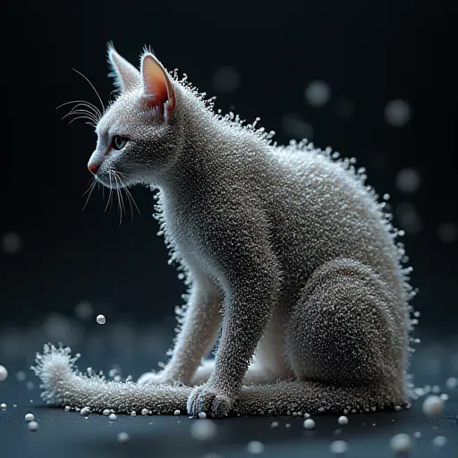 A cat made of tiny, floating nano-particles that shift and rearrange constantly, creating a futuristic, ever-changing form.