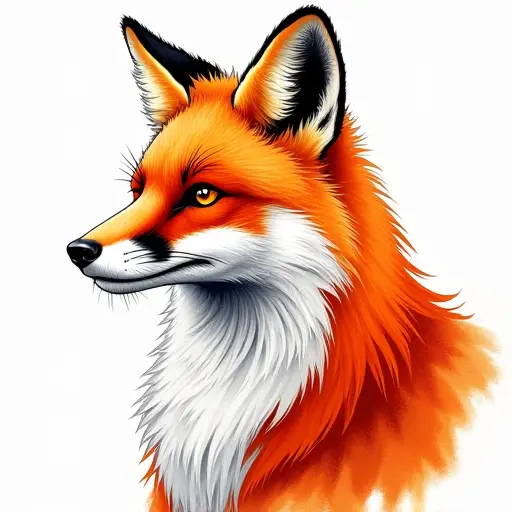 A red fox with striking fur, drawn in bold, contrasting colors with delicate ink strokes.