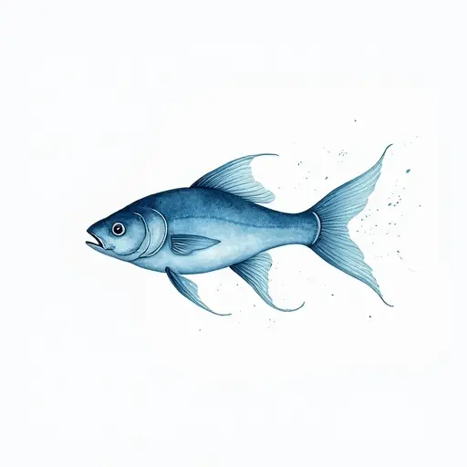 A fish swimming gracefully in the water, drawn with flowing lines and light blue watercolor.