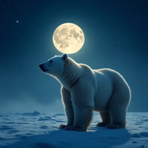 A bear illuminated by the soft glow of the moon, standing under a starry sky during the Arctic night.