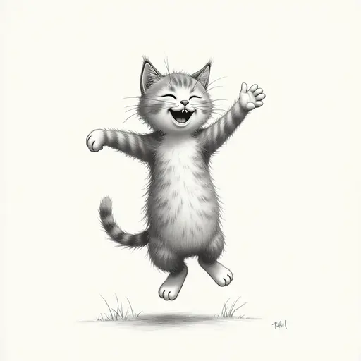 A cat jumping in the sunlight, its wet fur looking particularly joyful, Pencil Sketch.