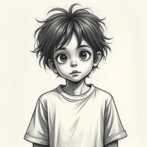 A boy with messy hair, wearing a t-shirt, sketched with a vintage film effect and light pencil strokes.