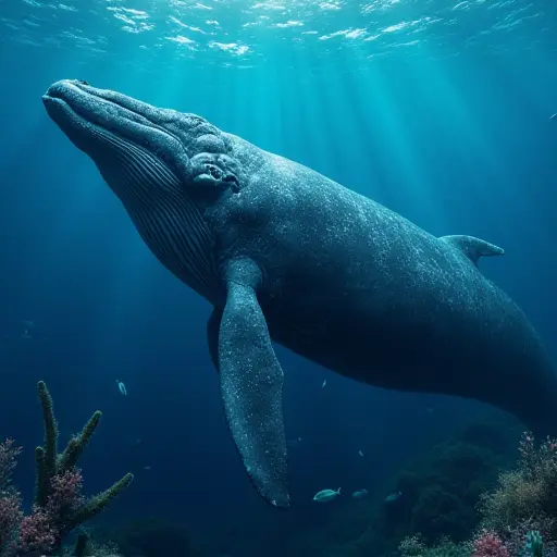 A whale swimming through deep blue waters, surrounded by shimmering fish scales and underwater plant life.