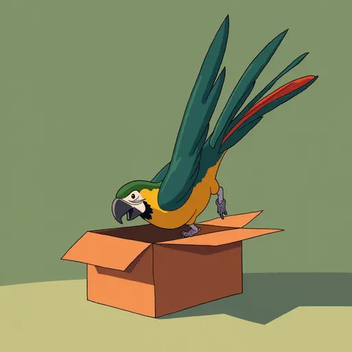 studio ghibli style of The Parrot dives headfirst into the box, its tail swishing gently as it explores the surroundings.