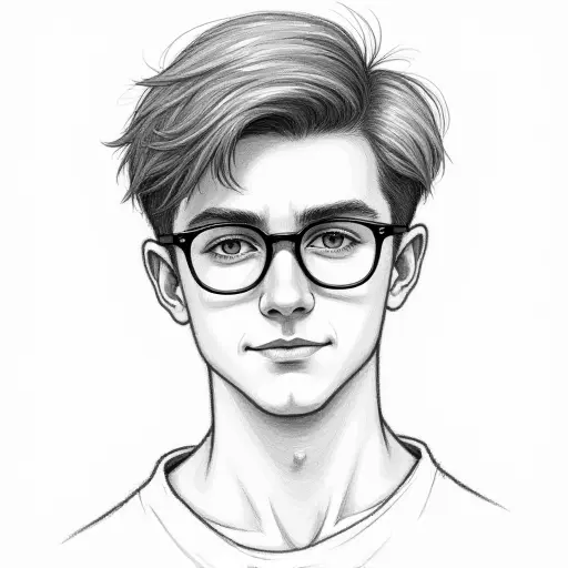 A young man with glasses and short hair, sketched with fine pencil lines and subtle shading.