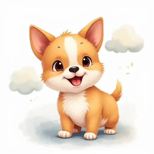 A small dog in a playful pose, surrounded by light watercolor clouds and a happy, bright smile.