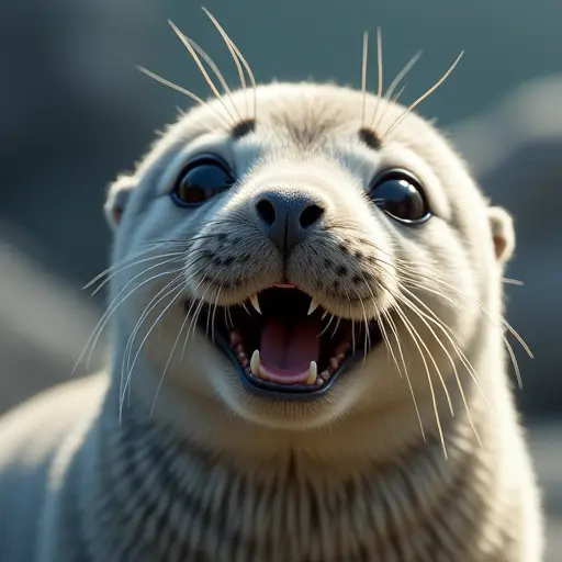 Playful seal with shiny fur, big eyes, and a cute, curious expression.