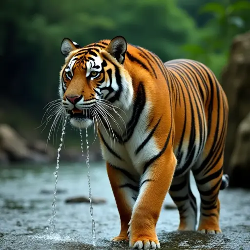 A tiger with streams of water cascading through its stripes, standing near a jungle river.