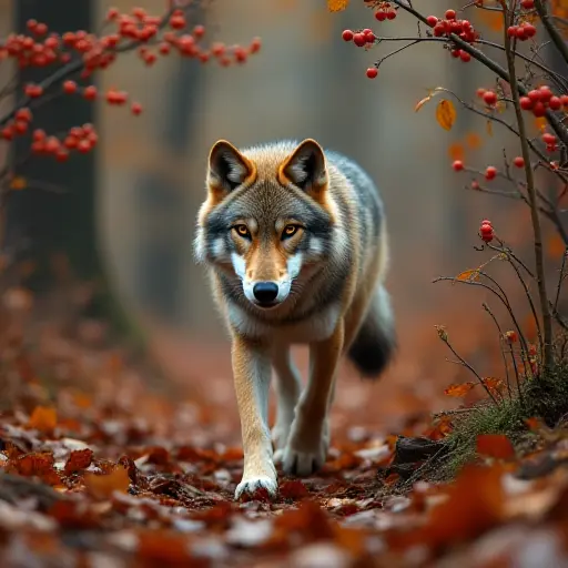 A young wolf wandering through a dense forest, with the ground covered in autumn leaves and the wolf’s fur blending with the fiery hues of red berries growing along the branches.