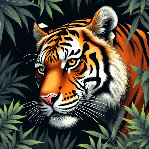 A tiger peering through the jungle, drawn in bold ink strokes with an intense, fierce gaze.