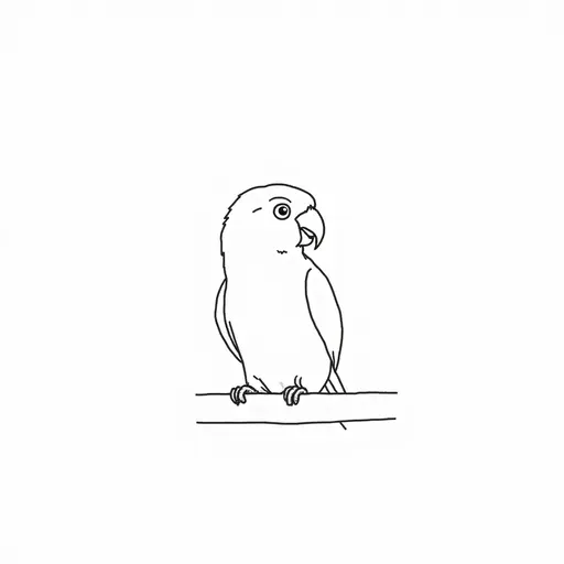 black and white simple line drawing of a conure