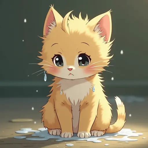 A little kitten with soaked fur, droplets falling from its coat, using Studio Ghibli style.