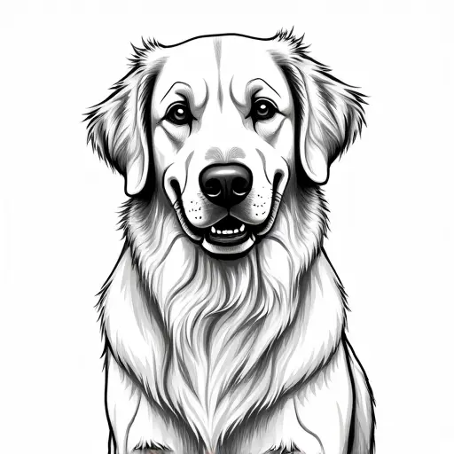 clean black and white hand-drawn outlines of a golden retriever from the front view