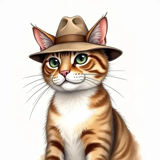 A cat wearing a quirky hat, sketched with fine ink lines and painted with subtle watercolor details.