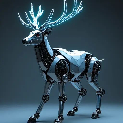 A deer built from metal alloys and mechanical joints, with visible hydraulic systems powering its limbs. Its body is composed of angular panels, and its antlers are constructed from metallic fibers that glow with neon light.