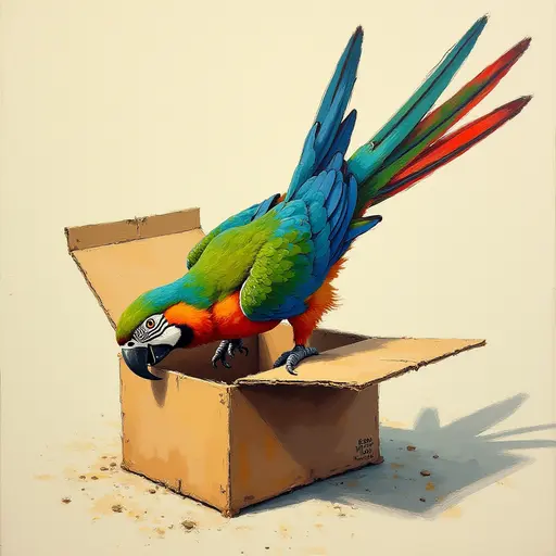 pointillism painting of The Parrot dives headfirst into the box, its tail swishing gently as it explores the surroundings.