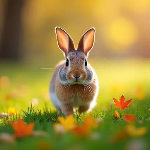 A rabbit hopping through a field of vibrant green grass, where scattered autumn leaves in bright hues of yellow and red have started to fall, creating a colorful blanket.