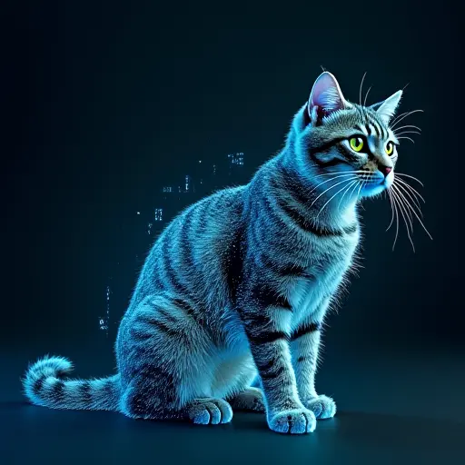 A cat with mysterious, glowing digital patterns flowing across its body, representing hidden, encrypted data or secret algorithms.