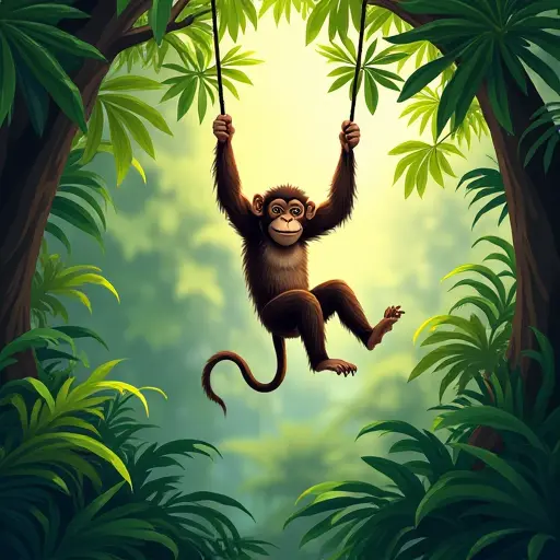 A monkey swinging through the vines of a lush tropical rainforest, with the sounds of nature all around and the bright colors of the jungle coming alive in the soft light filtering through the canopy.