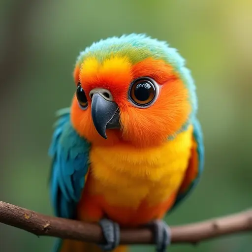 Adorable bird with colorful feathers, big bright eyes, perched on a branch.