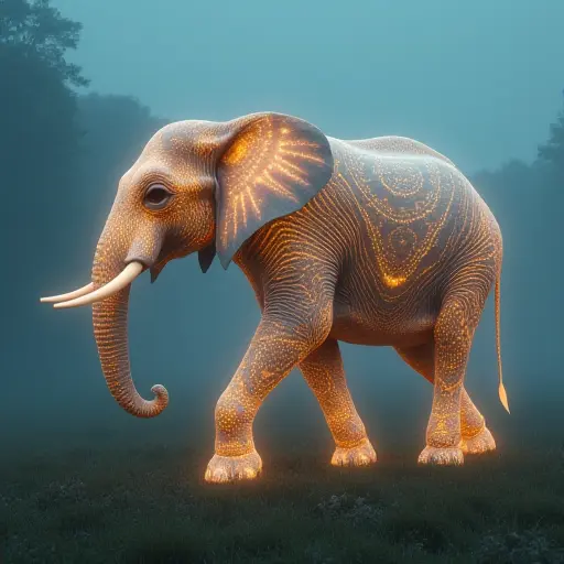 A mystical elephant with glowing patterns and a translucent body, walking through a magical, foggy landscape.