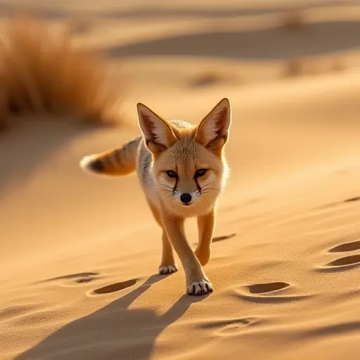 A fennec fox walking across golden dunes, its paws lightly sinking into the sand, with ripples and desert plants in the background.