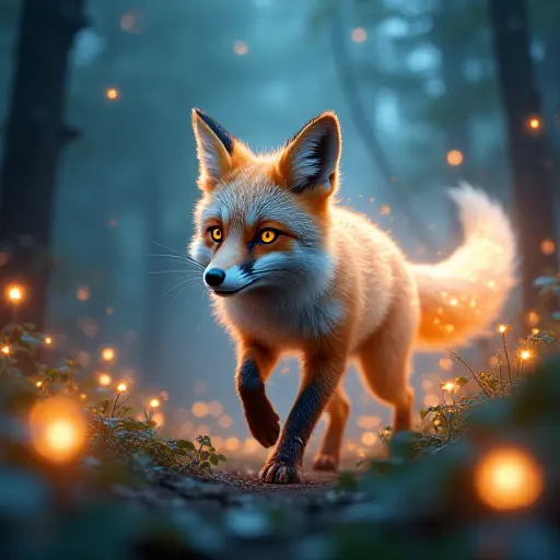 A fox with glowing silver fur, trotting through an enchanted forest filled with luminous plants, magical lights swirling around it.