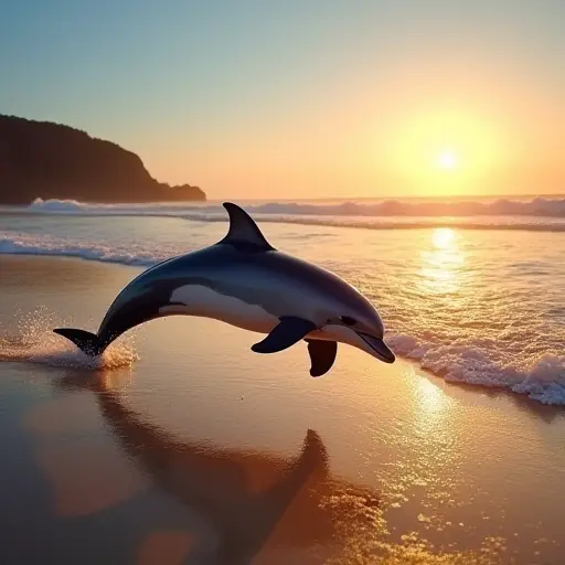 A dolphin swimming gracefully along a golden beach at sunrise, with waves crashing against the shore and a clear blue sky above.