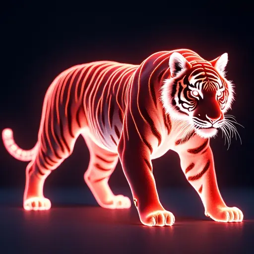 A tiger with a glowing body made of laser beams, its stripes formed by bright, pulsating light that shifts in real-time. The overall look is sleek and aggressive, with a futuristic energy surrounding it.