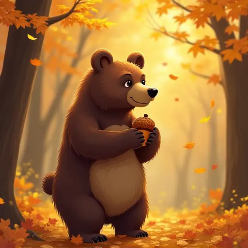 A bear standing on its hind legs, holding an acorn in its paws, surrounded by a forest of golden autumn leaves, as the crisp breeze blows through the trees, scattering leaves around.