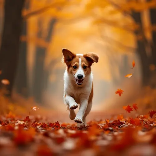 A dog running through a dense autumn forest, kicking up leaves in vibrant orange and red hues as it moves.