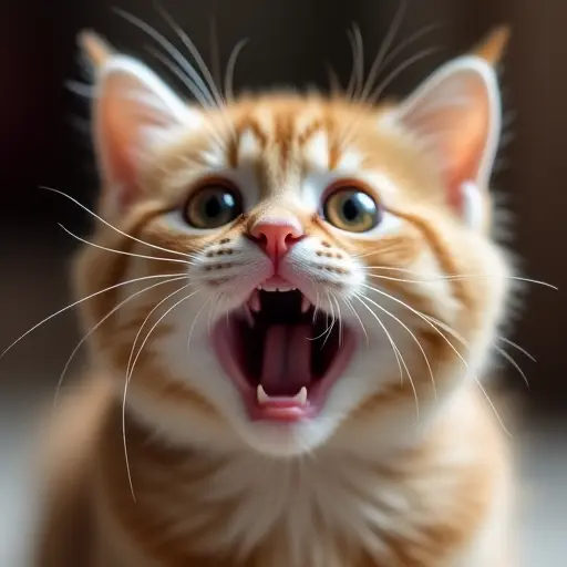 Surprised cat with wide eyes, soft fur, and an open mouth, reacting to something unexpected.