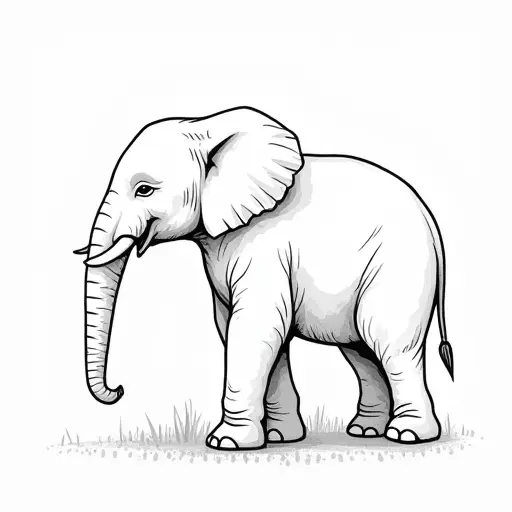 black and white simple line drawing of a baby elephant from the side view