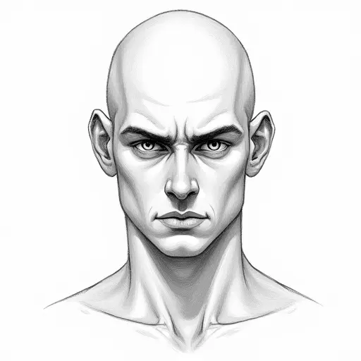 A bald young man with a serious expression, drawn in fine pencil lines with light shading for contrast.