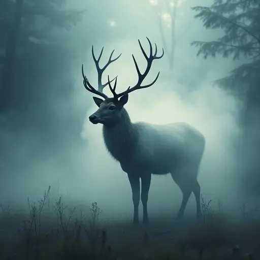 A deer shrouded in soft, ethereal smoke, blending with the misty forest background to create a mystical atmosphere.