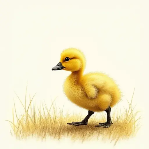 A little duckling waddling in a field, sketched with gentle pencil strokes and soft yellow highlights.