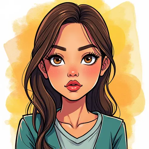 A girl in comic-style, with exaggerated features and bold outlines, sketched with vibrant colors.