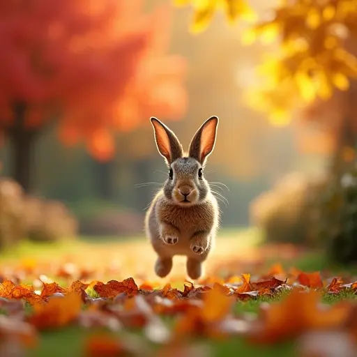 A rabbit hopping through a garden where the ground is covered with a layer of colorful autumn leaves, with a backdrop of red, orange, and yellow trees.